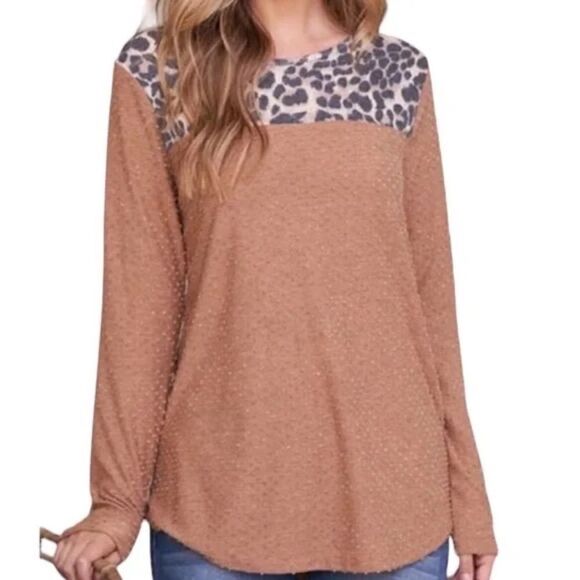 Swiss Dot Leopard Contrast Long Sleeve Top - Picture 1 of 3